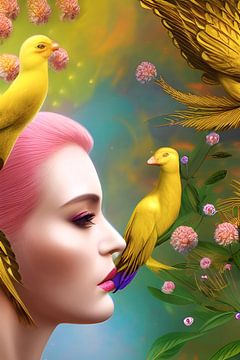 Jardin d'Eden I - Chants d'oiseaux d'or - illustration numérique surréaliste sur Lily van Riemsdijk - Art Prints with Color