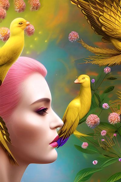 Jardin d'Eden I - Chants d'oiseaux d'or - illustration numérique surréaliste par Lily van Riemsdijk - Art Prints with Color