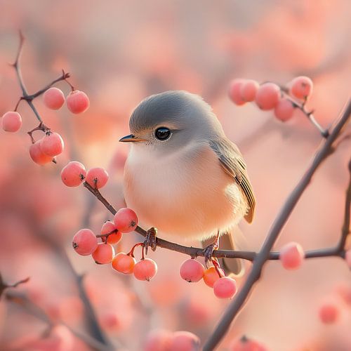 Oiseau sur une branche de baies roses