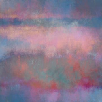 Kleurrijk abstract minimalistisch landschap in pastelkleuren. Roze, rood, lila, blauw en groen. van Dina Dankers