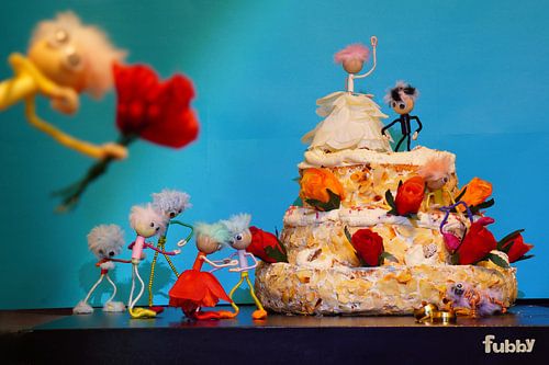 Fubby wedding party with throwing bouquet.