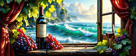 Window with red wine, glass, bottle and surf - a still life as a threshold between memory and movement by AidasignArt