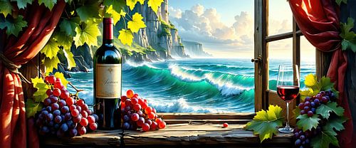 Fenêtre avec vin rouge, verre, bouteille et ressac - Une nature morte comme seuil entre souvenir et mouvement