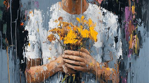 Des fleurs aux épines acérées entre des mains humaines – Peinture abstraite expressive en empâtement, empreinte d’une énergie chaotique et d’une tension émotionnelle