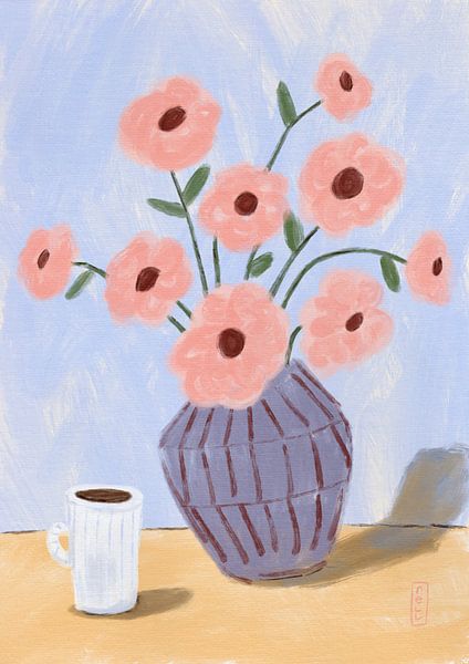 Coffee and Flowers Simple Still Life Painting by Dirkie Nell