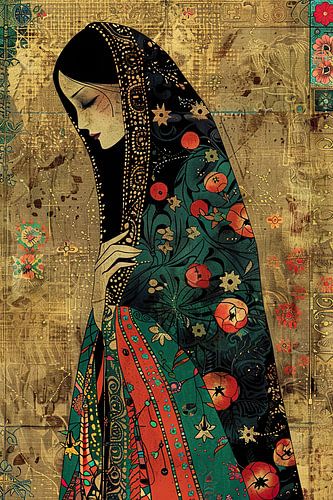 Femme motif coloré | Tapisserie fleurs voilées