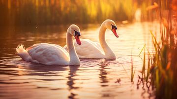 Les cygnes sous le charme du soleil couchant sur Vlindertuin Art