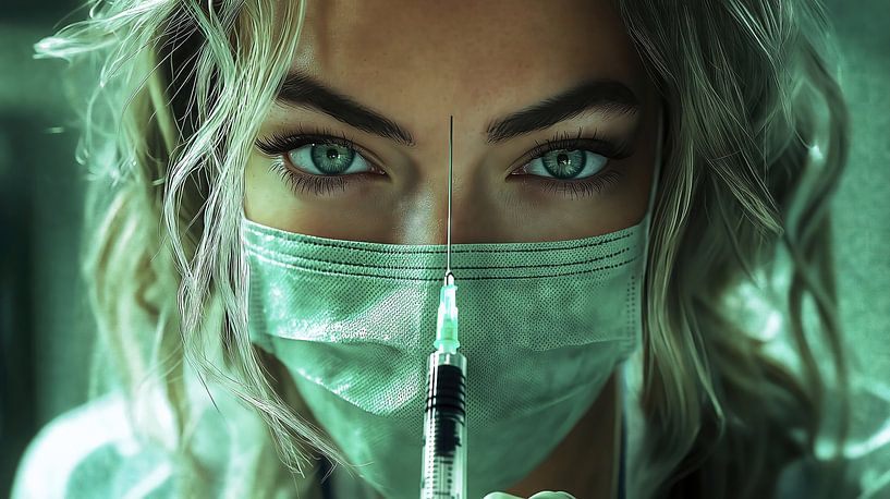 Jonge dokter met spuit en beschermend masker van Frank Heinz