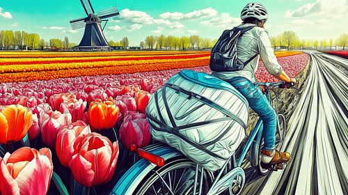 Fietsers naast tulpenvelden