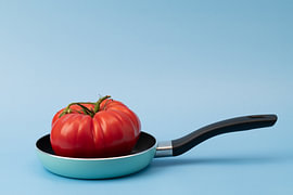 Tomate vor blauem Hintergrund von Ulrike Leone