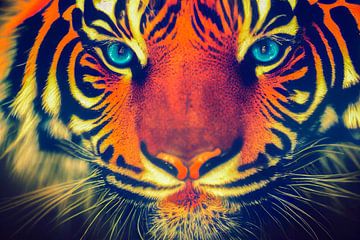 Portrait d'une tête de tigre multicolore, Generative AI Art Illustration 02 sur Animaflora PicsStock