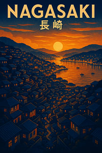 Nagasaki Sunset Harbor - Retro Japanese Nightscape Kunstdruck