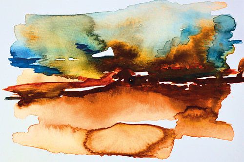 Abstract schilderij een landschap in levendige kleuren.