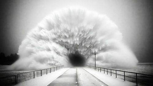 Enorme golf overspoelt pier tijdens winterstorm