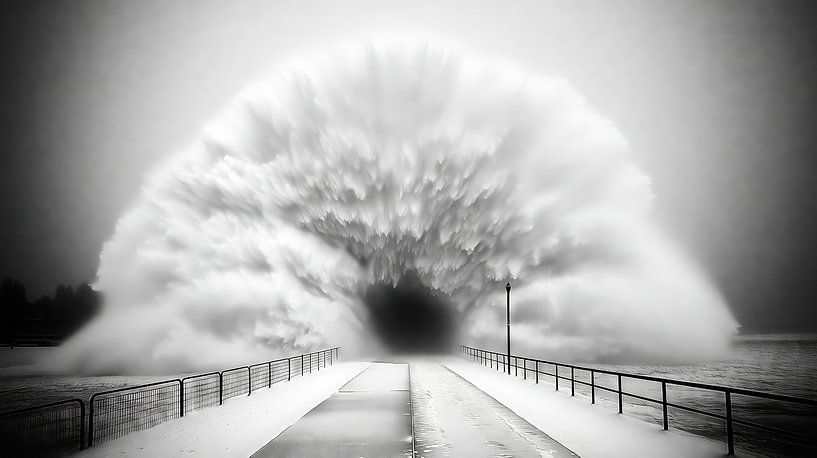 Gewaltige Welle überflutet Pier im Wintersturm von Frank Heinz