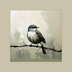 Winter! Ruhige Vogelmalerei: Kleiner Vogel auf kahlem Ast