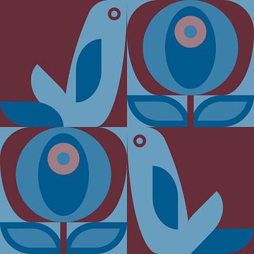 Scandinavisch retro. Vogels en bladeren in merlot wijnrood en blauw