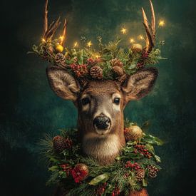 Zauberhaftes Weihnachtsporträt eines Rehs mit Lichtern, Immergrün und märchenhafter Waldatmosphäre von But First Framing