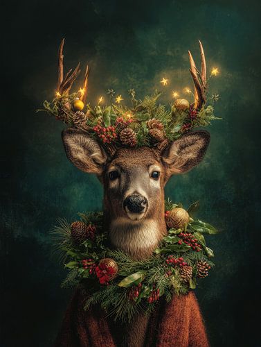 Portrait de Noël d'un cerf avec des lumières, des arbres à feuilles persistantes et une atmosphère de forêt féerique. sur But First Framing
