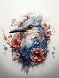 Aquarelle aviaire - Martin-pêcheur en fleurs
