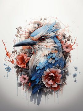 Aquarel Aviaire - IJsvogel in Bloesempracht van Eva Lee