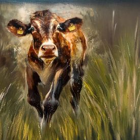 Un veau dans les hautes herbes sur Marjolein Deelen