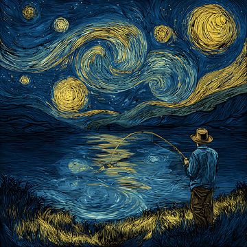 Homme pêchant des étoiles sous un ciel étoilé sur Aden Pink Studio