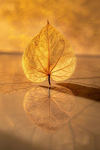 Blad perfect weerspiegeld in gouden licht