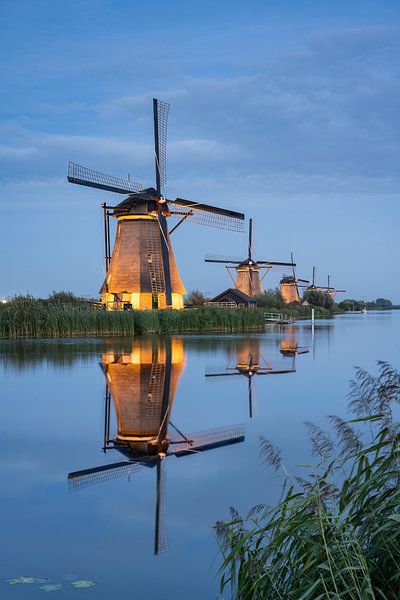 Verlichte windmolens in Kinderdijk bij Rotterdam van Michael Valjak