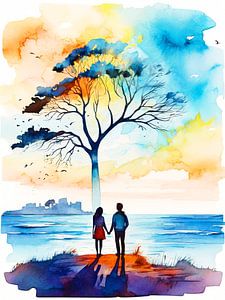 Aquarell Paar hält Hände unter einem Baum von TOAN TRAN