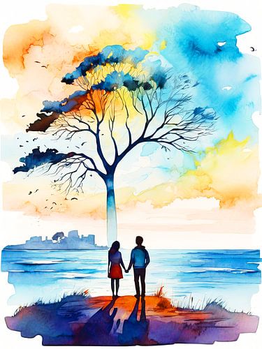 Watercolor Couple Holding Hands Under A Tree