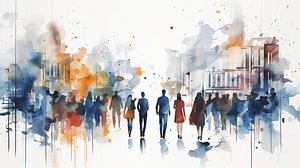 Abstrakte Gruppe von Menschen in der Stadt, weißer Hintergrund mit Spritzer-Kunst Design
