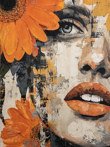 Modern Portret met Oranje Bloem – Abstracte Vrouwelijke Wanddecoratie