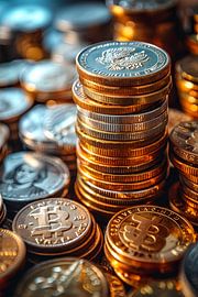 Empiler des pièces et des bitcoins sous une lumière chaude sur Art & Soul Creations