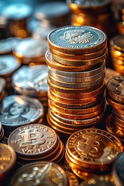 Stapeln Sie Münzen und Bitcoin in warmem Licht von Art & Soul Creations