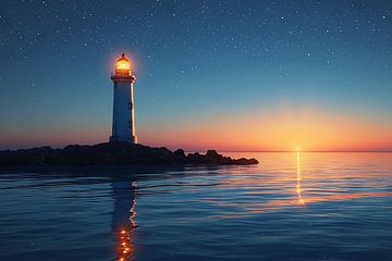 Einsamer Leuchtturm bei Sonnenuntergang und Sternenhimmel von Felix Brönnimann