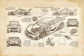 Een technische illustratie van een DTM-auto, gepresenteerd in de stijl van Leonardo da Vinci.