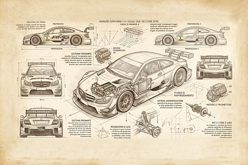 Een technische illustratie van een DTM-auto, gepresenteerd in de stijl van Leonardo da Vinci.