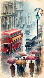 Retro London City Life Aquarell Vintage Street Art Print