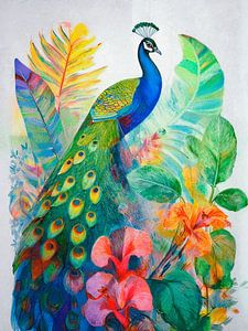 Ein exotischer Pfau in einem farbenfrohen botanischen Paradies