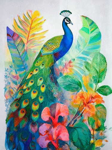 An exotic peacock in a vibrant botanical paradise