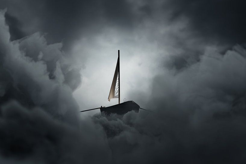 Abandoned sailboat floats on grey sea of clouds by Besa Art