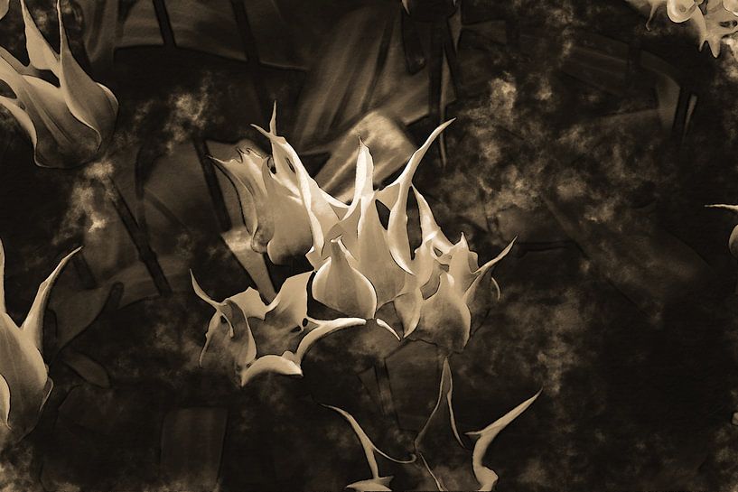 Modern botanical semi abstract tulips in beige and brown by Dina Dankers