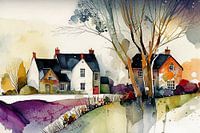 Aquarell Landschaft, saisonales Dorf