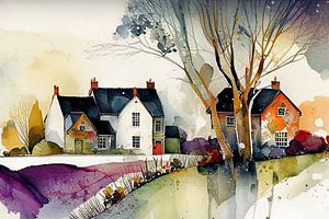 Aquarell Landschaft, saisonales Dorf