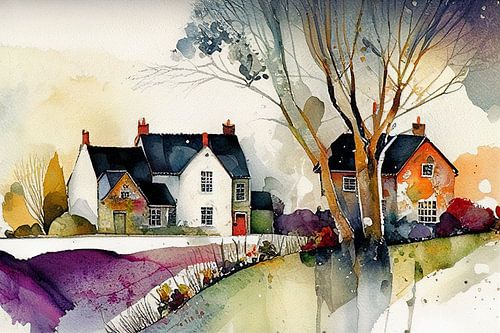 aquarel Landschap, seizoensgebonden dorp