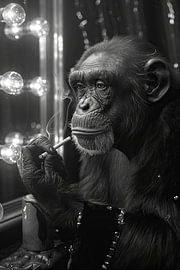 Glamorous black and white monkey portrait with cigarette by Poster Art Shop