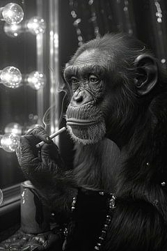 Portrait de singe glamour en noir et blanc avec une cigarette sur Felix Brönnimann