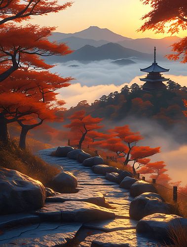 zonsondergang op de heuvels richting de Japanse tempel