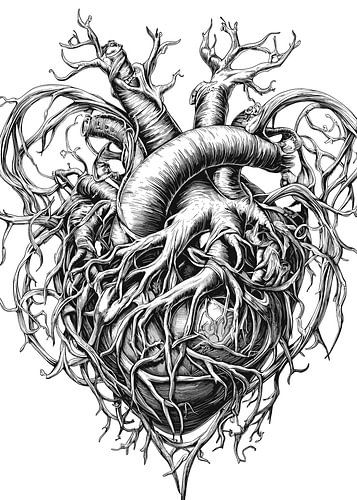 Hart van wortels en takken in zwart en wit